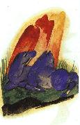 Two Blue Horses in front of a Red Rock Franz Marc
